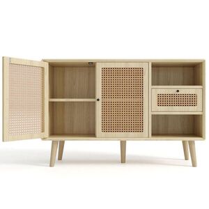 OKWISH KOMODA 120/40/80 cm dubová z MDF a kovu s nastaviteľnými policami a ratanovými dvierkami vyobraziť
