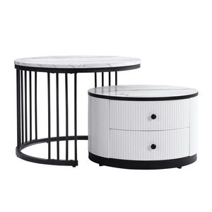 OKWISH SADA konferenčných stolíkov 60/60/45, 5 a 50/50/32 cm biela/čierna s 2 zásuvkami a mramorovým dekorom z MDF vyobraziť