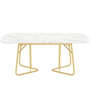 OKWISH JEDÁLENSKÝ stôl 140/180x80 cm biely s mramorovým dekorom rozkladací z MDF so zlatými kovovými nohami vyobraziť