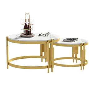 OKWISH SÚPRAVA konferenčných stolíkov 71, 5/71, 5/44 + 51, 5/51, 5/37 cm bielo-zlatá z MDF a kovu s mramorovým dekorom vyobraziť