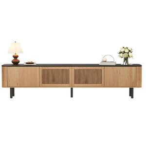 OKWISH TV stolík 190/35/45 cm dubový z MDF a drevotriesky s mriežkovými dvierkami a úložným priestorom vyobraziť