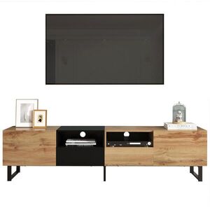 OKWISH TV stolík 190/38/48 cm čierny a v dekore prírodného dreva z MDF s 2 dvierkami a 2 zásuvkami vyobraziť