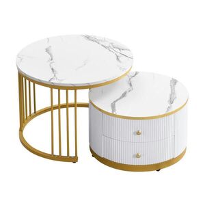 OKWISH SADA konferenčných stolíkov 60/60/45, 5 a 50/50/32 cm biela z MDF v mramorovom dekore s 2 zásuvkami vyobraziť