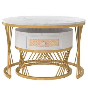 OKWISH SADA konferenčných stolíkov 70/70/45, 5 + 50/50/38, 5 cm biela/zlatá z MDF a kovu so zásuvkou vyobraziť