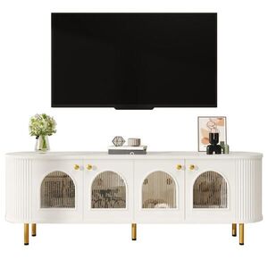 OKWISH TV skrinka 170/35/55 cm biela a zlatá s presklenými dvierkami a vedením káblov z MDF vyobraziť