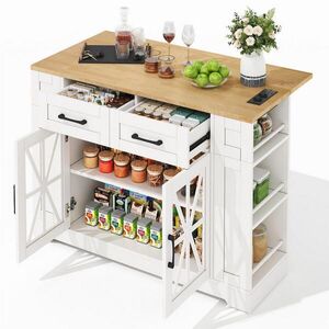 OKWISH KUCHYNSKÝ ostrovček 120/40(65)/92 cm bielo-prírodný z MDF so sklápacím stolom, zásuvkami, policami a AC/USB pripojením vyobraziť