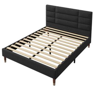OKWISH POLSTROVANÁ posteľ 140/200 cm čierna s matracom a lamelovým roštom z masívneho dreva a ľanovej tkaniny vyobraziť