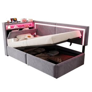 Modfu ČALÚNENÁ posteľ z zamatu 90x200 cm svetlosivá s LED osvetlením, USB portom a hydraulickým úložným priestorom vyobraziť
