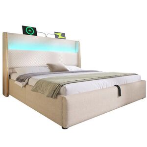 Modfu ČALÚNENÁ posteľ z ľanu 160x200 cm béžová s LED osvetlením, USB a USB-C portom, hydraulickým úložným priestorom vyobraziť