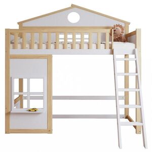 OKWISH POSCHODOVÁ posteľ 90/200 cm biela/prírodná so schodíkmi, strieškou a okienkami z masívu a MDF vyobraziť
