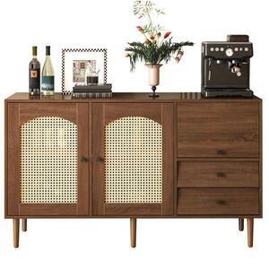 Redom SIDEBOARD 130/40/75, 5 cm s nastaviteľnými policami, magnetickým uzáverom a ratanovými dvierkami, Drevodekor vyobraziť