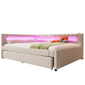 WISHDOR POSTEĽ 140/200 cm & 90/190 cm v béžovej ľanovej látke s výsuvným lôžkom, LED osvetlením a USB vyobraziť