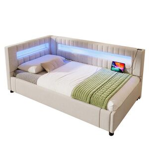 WISHDOR ROZKLADACIA POHOVKA 90/200 cm v béžovej ľanovej látke s úložným priestorom, LED osvetlením, USB a Type-C vyobraziť