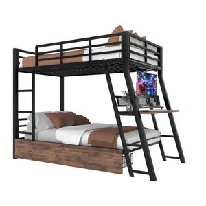 Redom VYVÝŠENÁ posteľ 90/200 cm s písacím stolom, LED osvetlením, zásuvkami a schodíkmi, kov/MDF, Čierna vyobraziť