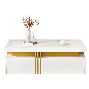 Redom KONFERENČNÝ stolík 100/50/40 cm s lesklou mramorovou doskou, 2 zásuvkami a kovovým lemom, Biela vyobraziť