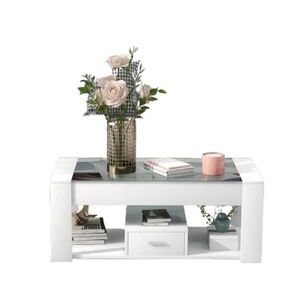 OKWISH KONFERENČNÝ stolík 100/50/40 cm biely z drevotriesky so sklenenou doskou, zásuvkami a úložným priestorom vyobraziť