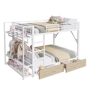 OKWISH POSCHODOVÁ posteľ 140/200 cm biela z kovu a MDF s LED osvetlením zásuvkami policami a tyčou na sušenie vyobraziť