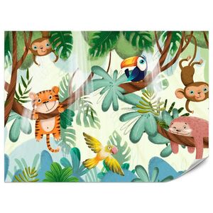 Muralo FOTOTAPETA Pre Detskú Izbu Roztomilé Džungľové Zvieratá Monstera Opice Tiger Vták 100 x 70 cm vyobraziť