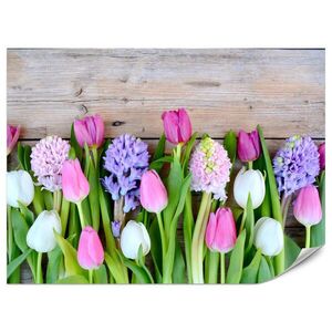 Muralo FOTOTAPETA Pre Kuchyňu Ružové Tulipy Fialové Hyacinty Drevený Stôl 200 x 140 cm vyobraziť