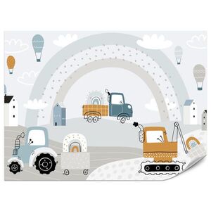 Muralo FOTOTAPETA Pre Detskú Izbu Stavebné Stroje Dúha Kopce Oblaky 400 x 280 cm vyobraziť