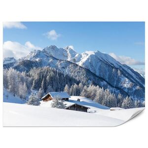Muralo FOTOTAPETA Pre Obývaciu Izbu Skalnaté Hory Zima Jedle Drevené Chaty Sneh 200 x 140 cm vyobraziť