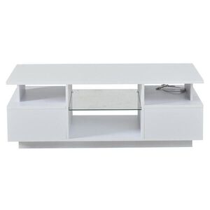 OKWISH KONFERENČNÝ stolík 100/50/36 cm biely s LED osvetlením 2 zásuvkami a sklenenými policami z drevotriesky vyobraziť