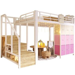 OKWISH VYSOKÁ posteľ 140/200 cm biela z MDF a kovu s úložnými schodmi, zásuvkami a tyčou na šaty vyobraziť