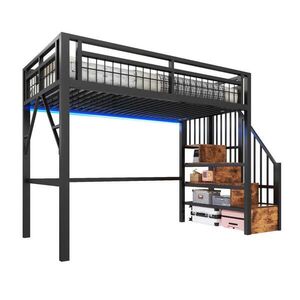 OKWISH VYSOKÁ posteľ 90/200 cm čierna z kovu a MDF s LED osvetlením a schodíkmi s úložným priestorom vyobraziť