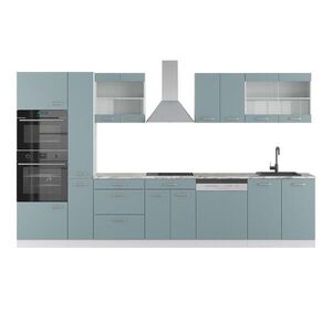 Vicco KUCHYNKA R-Line Modrošedá/biela 350 cm s vysokou skrinkou, s pracovnou doskou vyobraziť