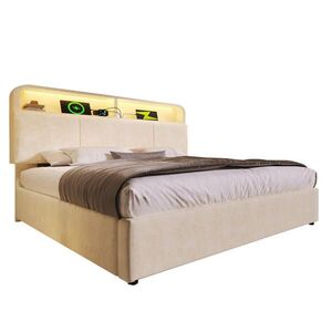 WISHDOR ČALÚNENÁ POSTEĽ 140/200 cm, béžová, zamatová, s úložným priestorom, LED osvetlením, USB a Type-C vyobraziť
