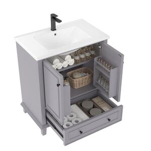 Modfu KÚPEĽŇOVÁ skrinka z MDF s keramickým umývadlom 76x46x87 cm sivá, voľne stojaca s úložným priestorom vyobraziť