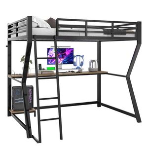 Modfu VYVÝŠENÁ posteľ z kovu 90x200 cm čierna s LED osvetlením, písacím stolom, USB a schodíkmi vyobraziť