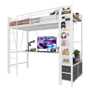 Modfu VYVÝŠENÁ posteľ z kovu 90x200 cm biela s písacím stolom, LED osvetlením, USB-C a 4 zásuvkami vyobraziť