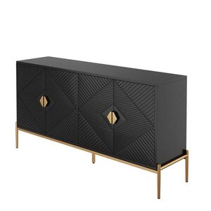 Modfu KOMODA z MDF a drevotriesky 162x40x80 cm čierna s geometrickým reliéfom, zlatými úchytkami a kovovými nohami vyobraziť