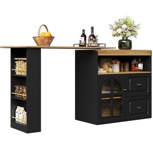 Modfu BAROVÝ stolík z MDF 204x39x104 cm čierny otočný a rozkladací s 2 zásuvkami a dvierkami z tvrdeného skla vyobraziť
