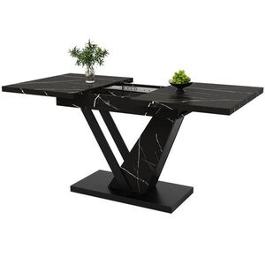 Modfu JEDÁLENSKÝ stôl z MDF a kovu 160x75x75, 5 cm čierny s výsuvnou doskou a mramorovým dekorom vyobraziť
