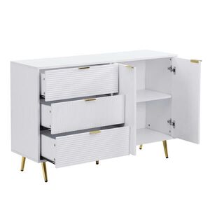 Modfu KOMODA z MDF 120x38x80, 5 cm biela a zlatá s 3 zásuvkami a policami, vlnitý dizajn a zlaté detaily vyobraziť