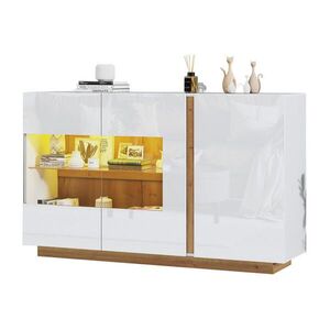 Modfu KOMODA z drevotriesky 138x38x90, 5 cm biela s LED osvetlením a sklenenými dvierkami vyobraziť
