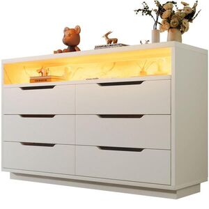 Modfu KOMODA z drevotriesky a kovu 120x40x85 cm biela s LED osvetlením, 6 zásuvkami a úložným priestorom vyobraziť