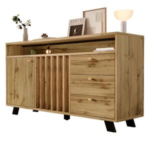 Modfu KOMODA z drevotriesky a MDF 120x40x85 cm tmavý dub s lamelovou čelnou stranou, 3 zásuvkami, 2 dvierkami a nastaviteľnou policou vyobraziť