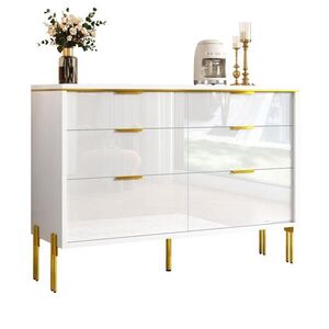 Modfu KOMODA z drevotriesky 120x40x85, 5 cm biela so 6 zásuvkami, vysoký lesk, zlaté úchytky a veľký úložný priestor vyobraziť