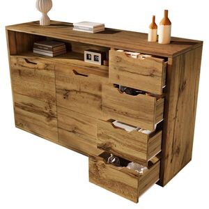 Modfu KOMODA z MDF a kovu 150x40x90 cm dubová s otvoreným priestorom, 2 dvierkami, 4 zásuvkami a soft-close vyobraziť