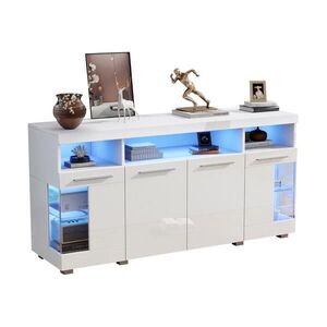 Modfu KOMODA z MDF a tvrdeného skla 140x40x70 cm biela s LED osvetlením a veľkým úložným priestorom vyobraziť