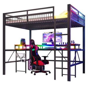 Modfu VYVÝŠENÁ posteľ z kovu a MDF 140x200 cm čierna/biela s LED osvetlením, pracovným stolom a nabíjacími portami vyobraziť