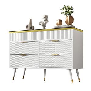 Modfu KOMODA z drevotriesky a skla 120x40x76 cm biela s 6 zásuvkami, bezpečnostnou ochranou proti prevráteniu a moderným dekorom vyobraziť