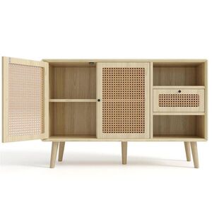 Modfu KOMODA z MDF a kovu 120x40x80 cm dubová s nastaviteľnými policami, ratanovým detailom a magnetickými dvierkami vyobraziť