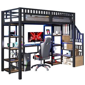 Modfu VYVÝŠENÁ posteľ z kovu 90x200 cm čierna s LED osvetlením, USB portom, písacím stolom a úložným priestorom vyobraziť
