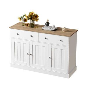 Modfu KOMODA z drevotriesky 120x36x80, 5 cm biela a dekor dreva s tromi dvierkami, dvoma zásuvkami a tlmenými pántmi vyobraziť