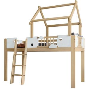 Modfu VYVÝŠENÁ posteľ z masívneho dreva 90x200 cm biela/prírodná s ochranou proti pádu, strechou a trojstupňovým rebríkom vyobraziť