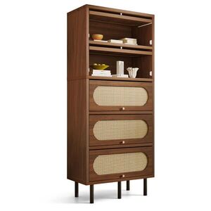 Modfu KOMODA z MDF a drevotriesky 80x40x163 cm orechová s ratanovým detailom, 5 dvierkami, kovovými nohami a tichým zatváraním vyobraziť